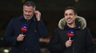 Sky Sports pundits and former footballers, Jamie Carragher and Gary Neville react as they present prior to the Premier League match between Wolverhampton Wanderers and Leeds United at Molineux on March 18, 2022 in Wolverhampton, England