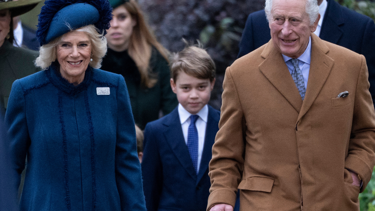 King Charles III, Camilla, Queen Consort and Prince George of Wales (C) attend the Christmas Day service at St Mary Magdalene Church on December 25, 2022 in Sandringham, Norfolk. King Charles III ascended to the throne on September 8, 2022, with his coronation set for May 6, 2023.