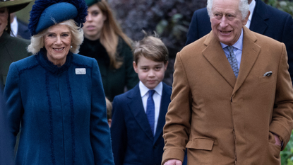 King Charles III, Camilla, Queen Consort and Prince George of Wales (C) attend the Christmas Day service at St Mary Magdalene Church on December 25, 2022 in Sandringham, Norfolk. King Charles III ascended to the throne on September 8, 2022, with his coronation set for May 6, 2023.