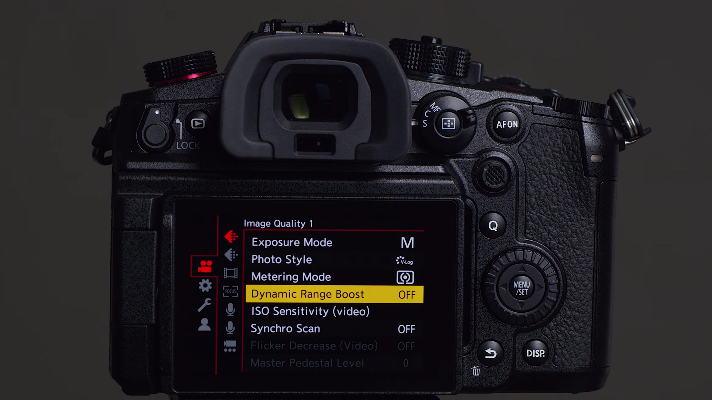 Una pantalla de cámara que muestra el modo Dynamic Range Boost de Panasonic