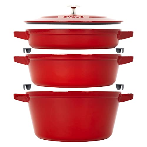 Staub Cast Iron Set 4-Pc, Stackable Space-Saving Cookware Set, Dutch Oven, Skillet, Grill Pan With Universal Lid, Made in France, Cherry