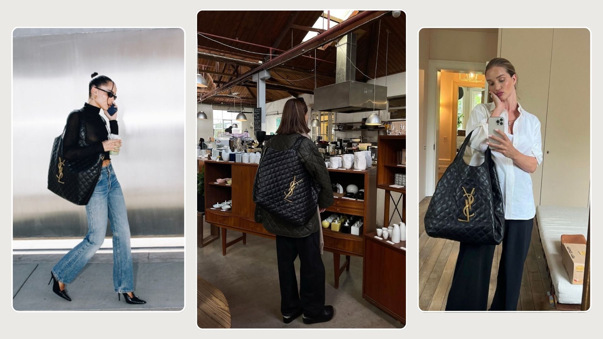 Zoe Kravitz wears a black top, blue jeans and black heels and carries Saint Laurent Icare Bag, Woman carries Saint Laurent Icare Bag, Rosie Huntington-Whiteley wears white shirt, black trousers and carries Saint Laurent Icare Bag