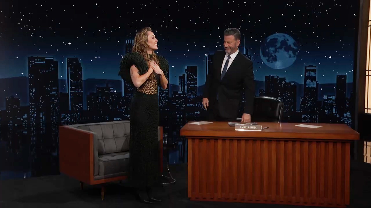 miley cyrus wears a net alaïa dress on Jimmy Kimmel Live!