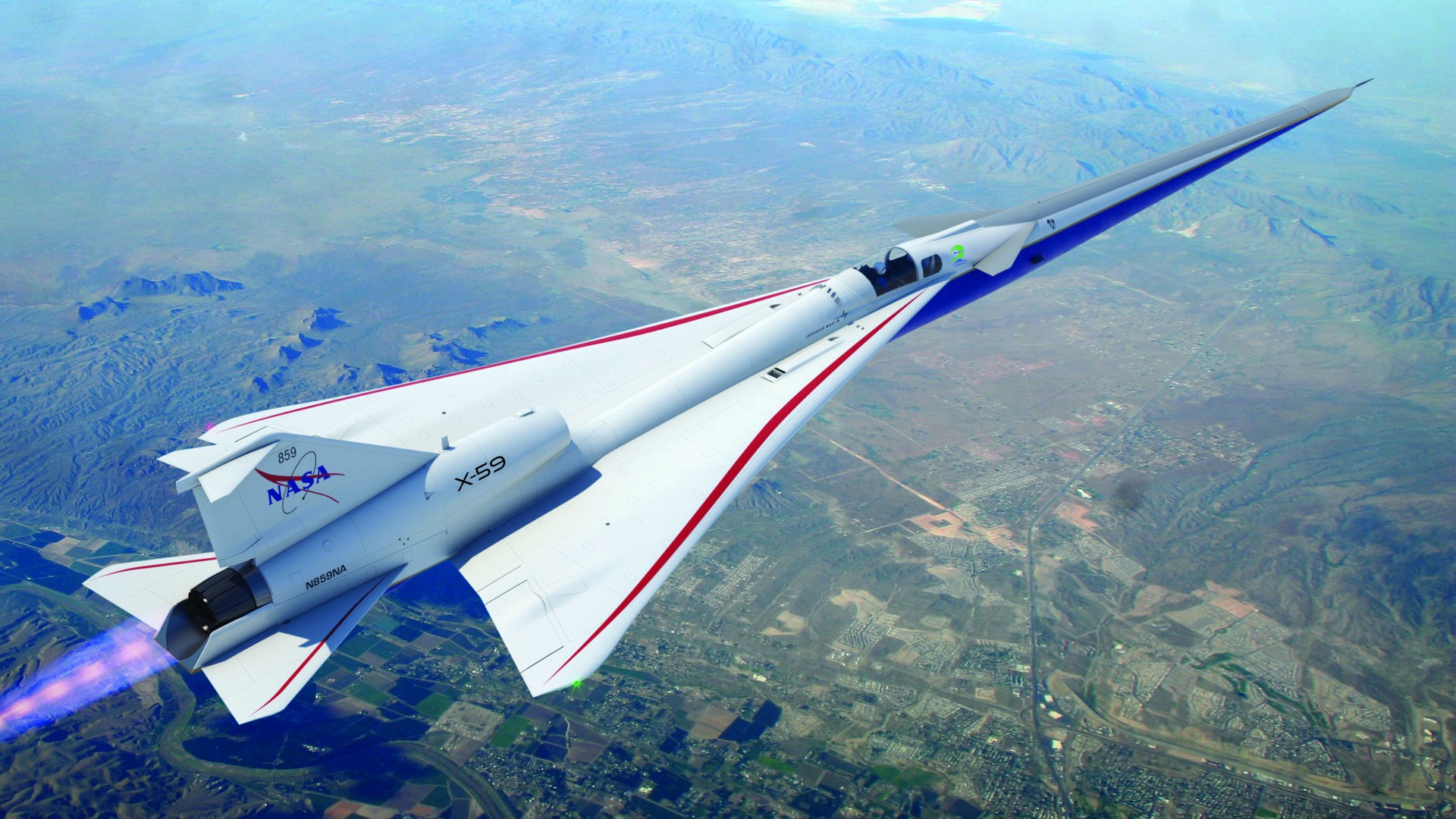 a red, white and blue aircraft with an elongated, sharp nose flies high above a populated area below