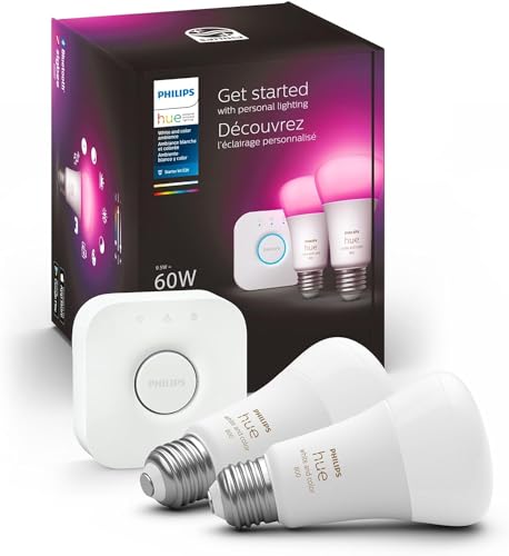 Philips Hue Smart Light Bulbs Starter Kit, Includes (1) Bridge, (2) 60w A19 Bulbs, White and Color Ambiance Led Color Changing Lights, 800lm, E26, Control With App or Voice Assistant