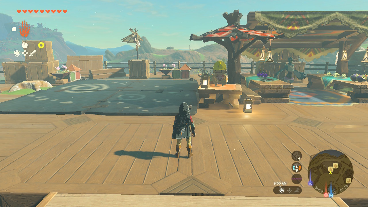 Линк стоит перед Пелисоном в городе Тарри в The Legend of Zelda Tears of the Kingdom.