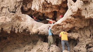 A team of archaeologists in Israel remove a sword from a cave.