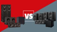 An image showing press images of the Fyne Audio F500E and KEF Q Concerto Meta 5.1 speaker system with a 'vs' between them