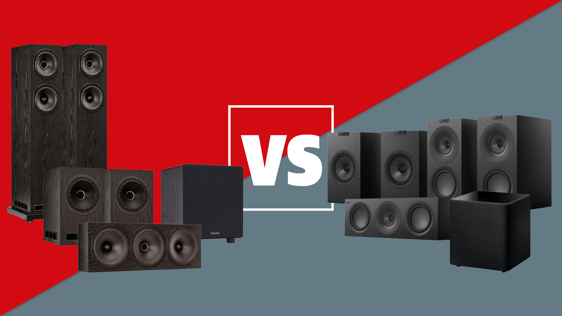 An image showing press images of the Fyne Audio F500E and KEF Q Concerto Meta 5.1 speaker system with a 'vs' between them