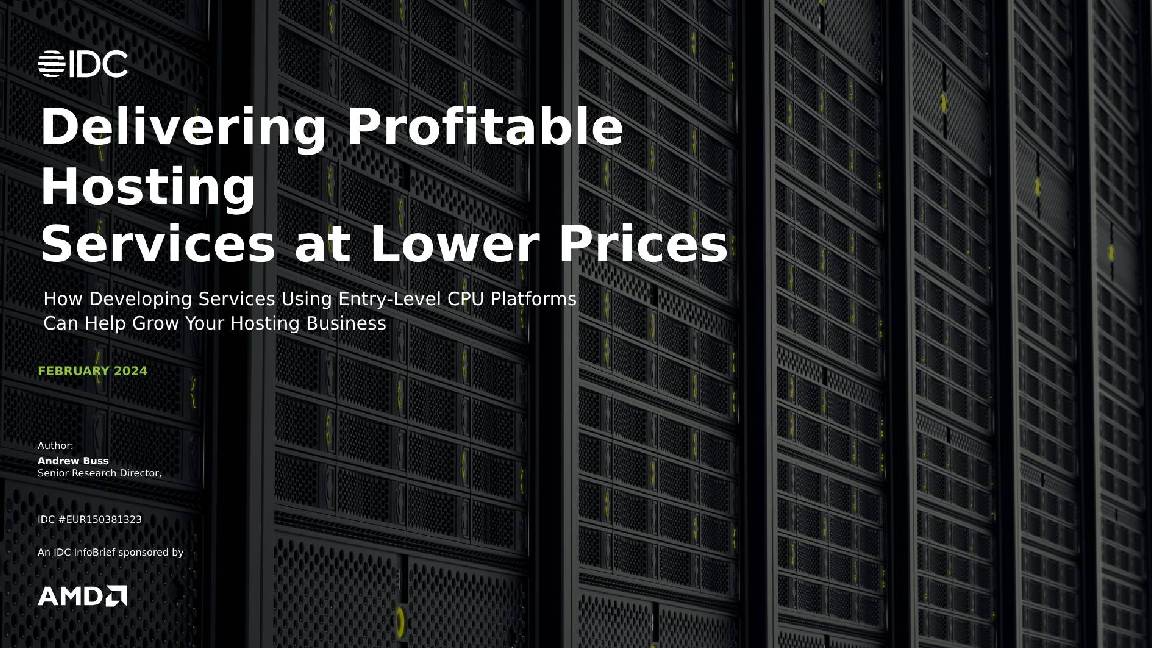 Image of AMD servers with white text that says delivering profitable hosting services at lower prices
