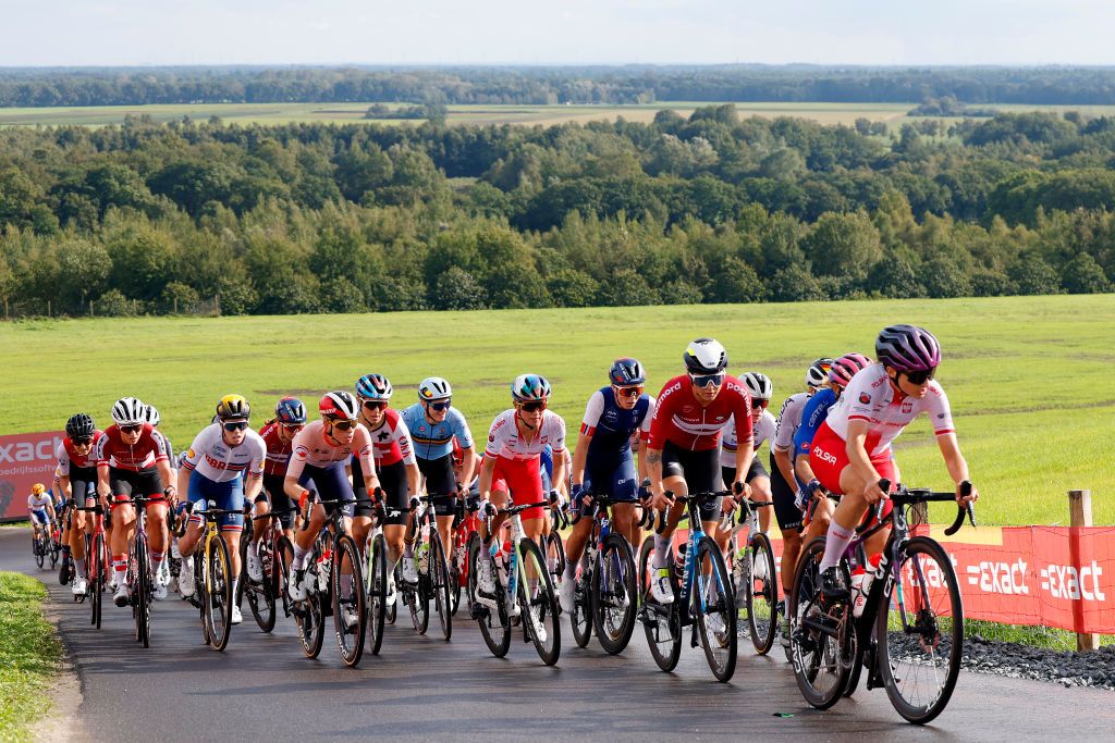 COLDUVAM NETHERLANDS SEPTEMBER 23 A general view of Christina Schweinberger of Austria Cecilie Uttrup Ludwig of Denmark Cecilie Uttrup Ludwig of Denmark Anna Henderson of Great Britain Demi Vollering of The Netherlands Elise Chabbey of Switzerland Katarzyna Niewiadoma of Poland Maelle Grossetete of France Emma Norsgaard of Denmark Liane Lippert of Germany Silvia Persico of Italy Marta Jaskulska of Poland compete during the 29th UEC Road Cycling European Championships 2023 Elite Womens Road Race a 1296km one day race from Meppel to Col du Vam Vamberg UCIWWT on September 23 2023 in Col du Vam Vamberg Netherlands Photo by Bas CzerwinskiGetty Images