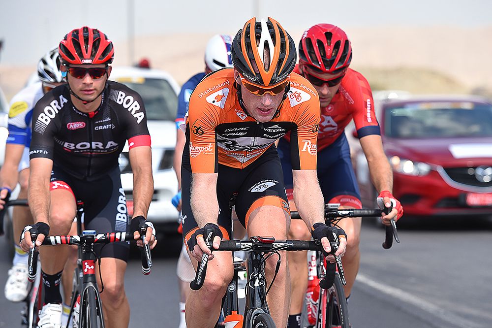 Berden de Vries leads the breakaway during stage 1 in Oman.