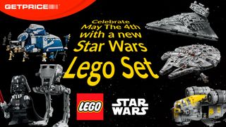 Black background with red Getprice logo and Lego and Star Wars logos with scattered Lego Star Wars sets with yellow writing that says Celebrate May The 4th with a new Star Wars Lego Set