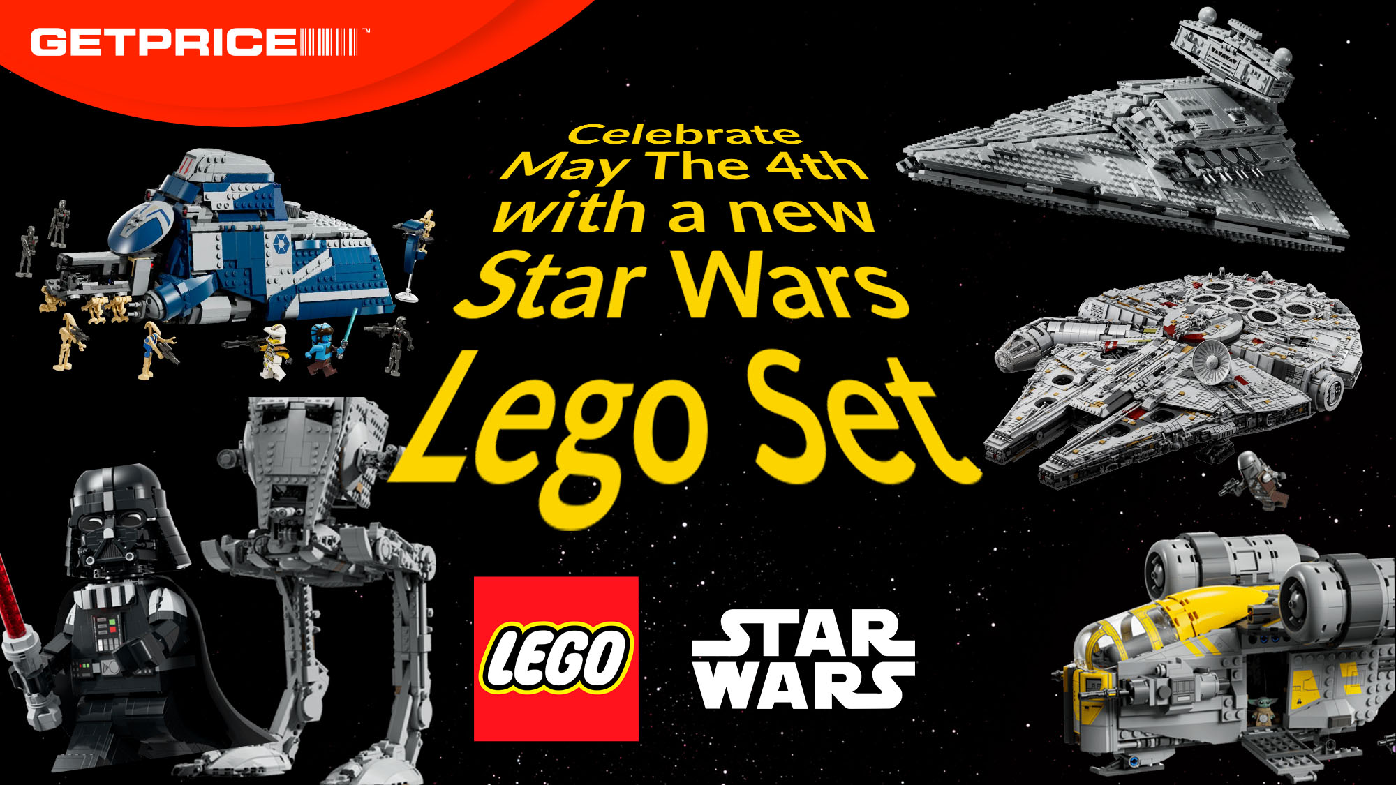 Black background with red Getprice logo and Lego and Star Wars logos with scattered Lego Star Wars sets with yellow writing that says Celebrate May The 4th with a new Star Wars Lego Set