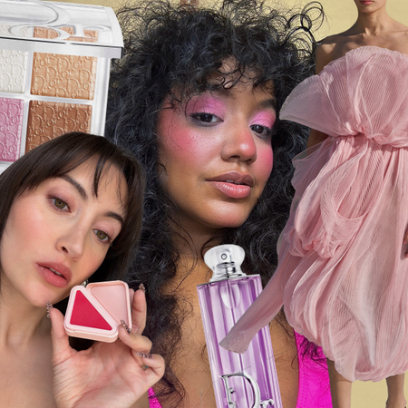 A collage of images of women wearing colorful pink and blue makeup overlaid with Dior runway shots and beauty products.
