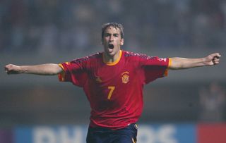 Raul celebrates after scoring for Spain against Slovenia at the 2002 World Cup.