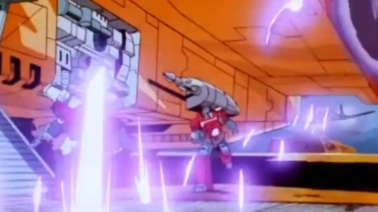 A Transformer running amidst combat in The Transformers: The Movie