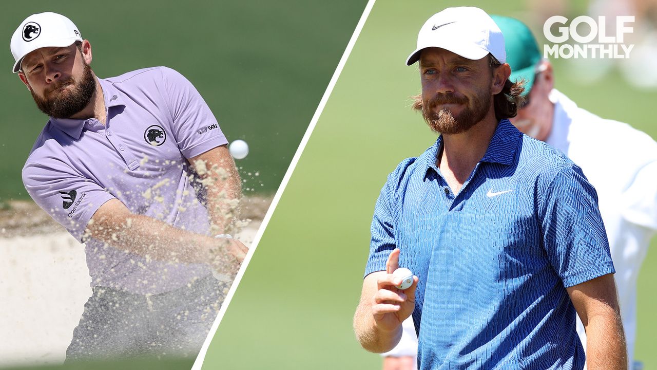 Tyrrell Hatton hits a bunker shot, whilst Tommy Fleetwood waves to the crowd