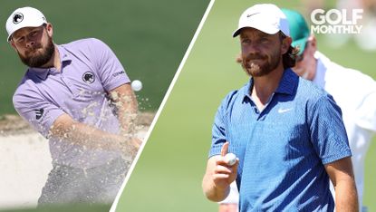 Tyrrell Hatton hits a bunker shot, whilst Tommy Fleetwood waves to the crowd