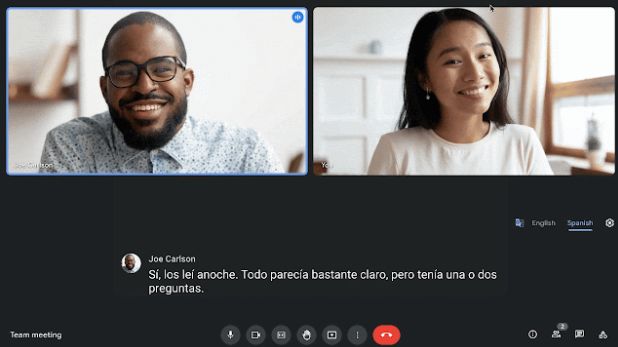 Google Meet call showing live caption translation