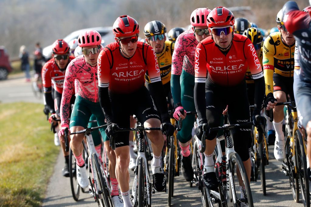 MANTESLAVILLE FRANCE MARCH 06 LR Simon Guglielmi of France and Nicolas Edet of France and Team Arka Samsic compete during the 80th Paris Nice 2022 Stage 1 a 160km stage from ManteslaVille to ManteslaVille ParisNice WorldTour on March 06 2022 in ManteslaVille France Photo by Bas CzerwinskiGetty Images