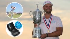 Wyndham Clark holds the US Open trophy, with two circles of his training aid and his swing