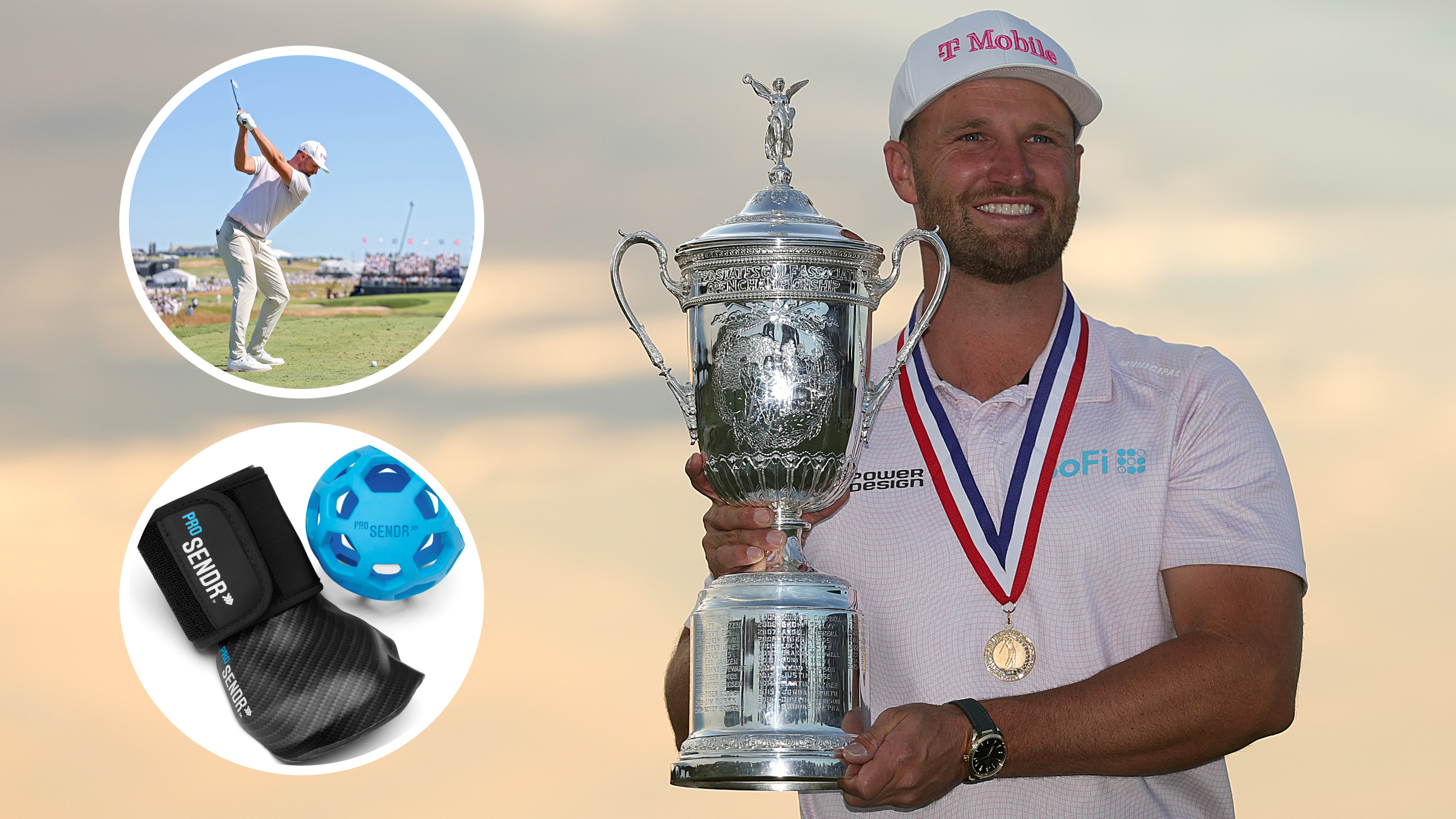Wyndham Clark holds the US Open trophy, with two circles of his training aid and his swing
