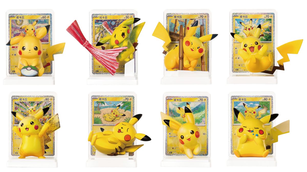 A series of Pikachu figures on a base in front of matching Chinese Pokemon TCG cards