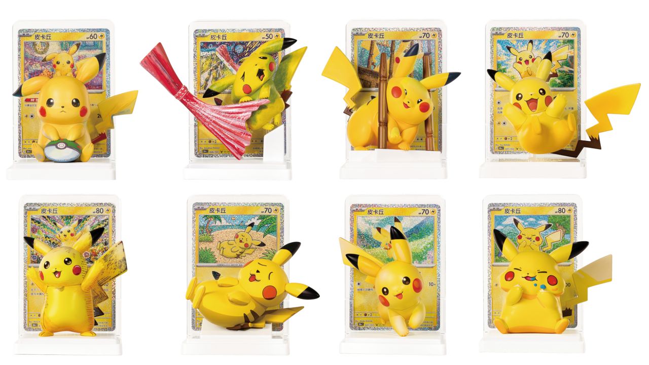 A series of Pikachu figures on a base in front of matching Chinese Pokemon TCG cards