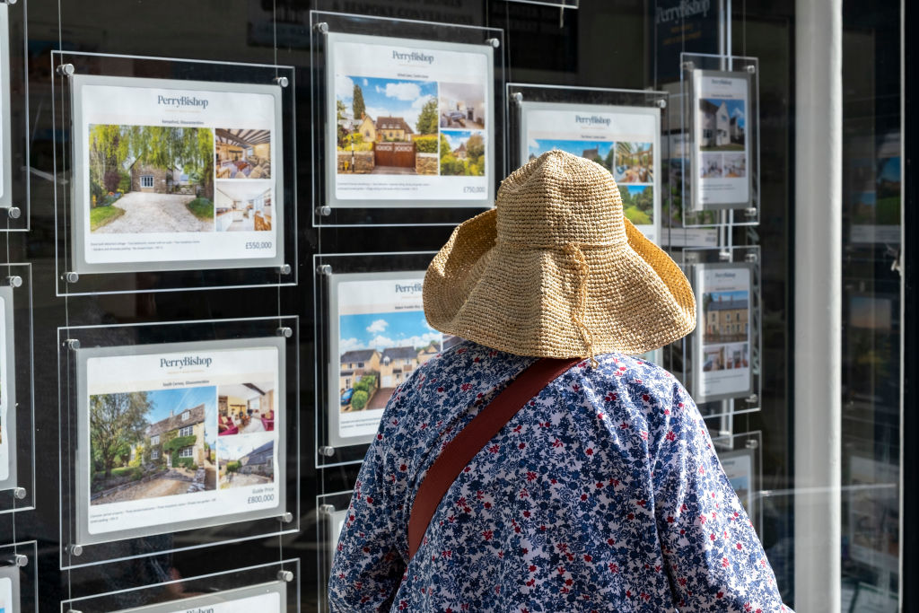Person in sun hat looks at the window of an estate agent