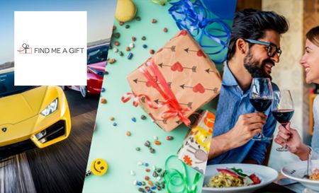 Find me a gift logo top left with 3 sliced collage of experiences