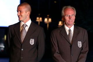 David Beckham and Sven Goran Eriksson during Wembley Stadium Celebrates Topping of the New Arches at Wembley Stadium in London, Great Britain. (Photo by J. Quinton/Getty Images)