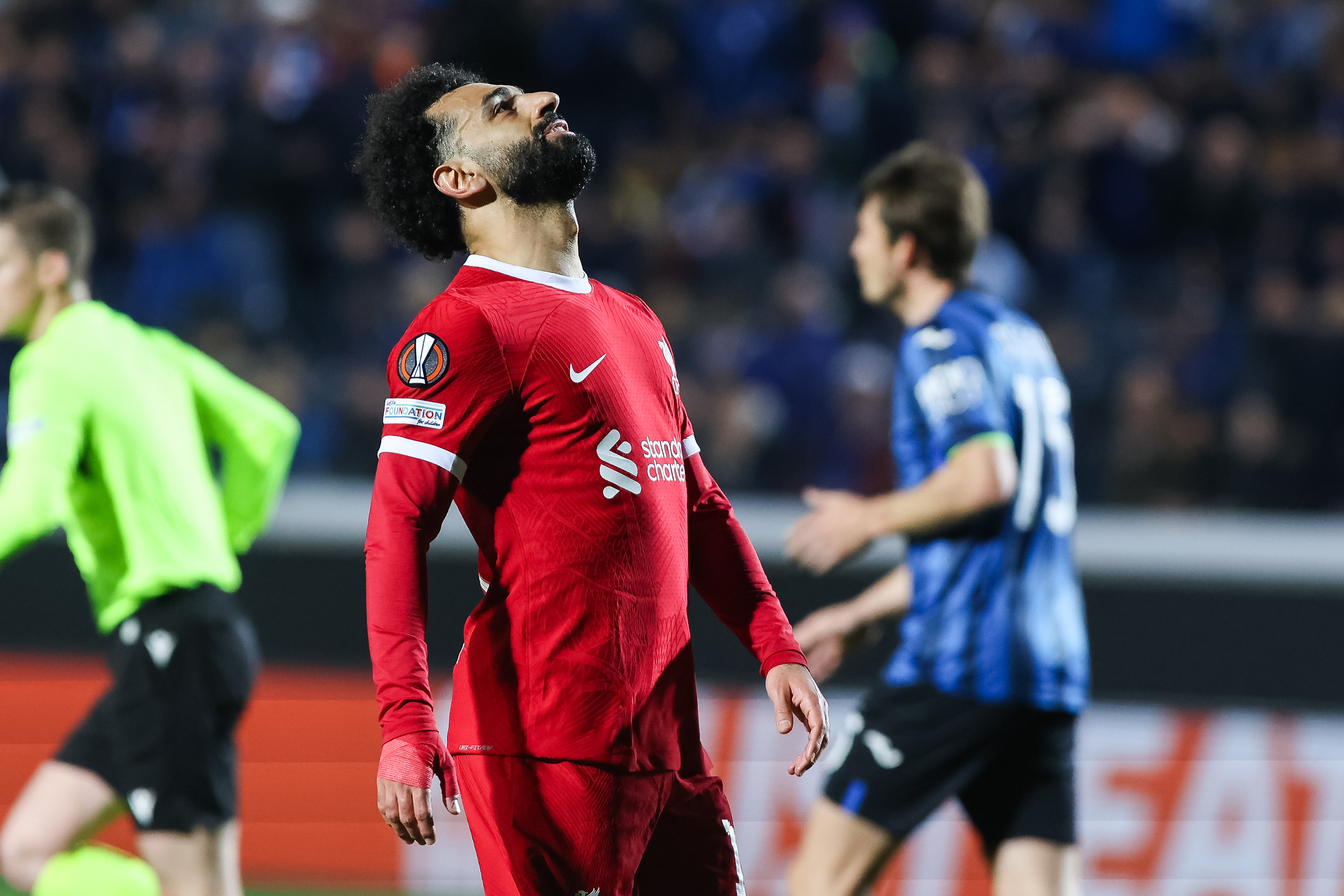 Mohamed Salah looks frustrated during Liverpool's Europa League game against Atalanta in April 2024.