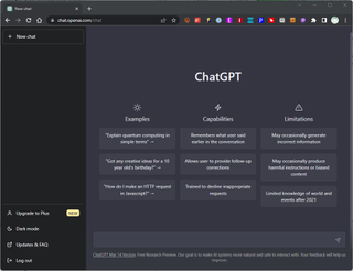 ChatGPT main chat screen with sample prompts, basic instructions, and warnings about limitations.