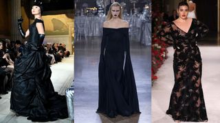 New York Fashion Week runway pictures models wearing long black dresses