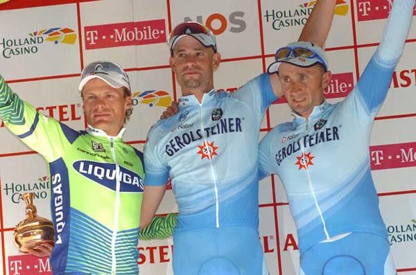 The top 3 (l-r) Danilo Di Luca (Liquigas), Stefan Schumacher (Gerolsteiner) Davide Rebellin (Gerolsteiner).