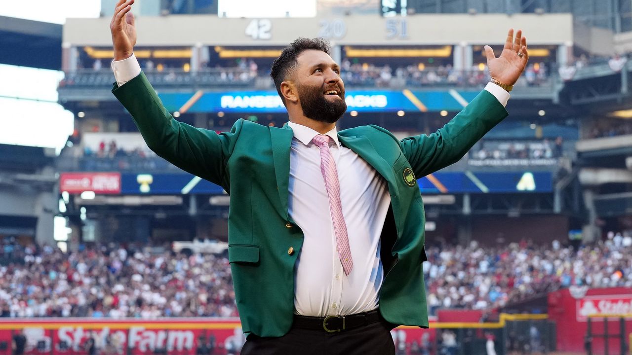 Jon Rahm throws out the first pitch at the World Series