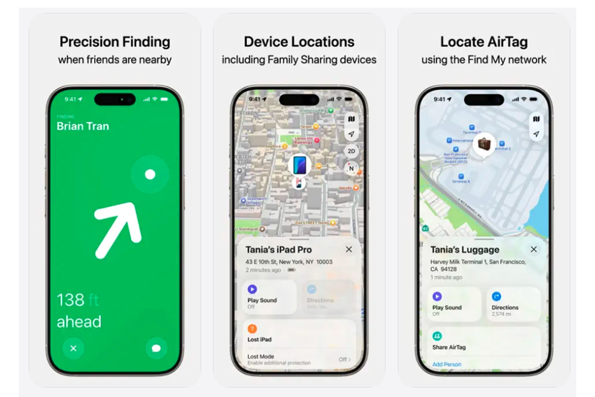 Screenshots of the Apple Find My App, giving guidance on precision finding, Device locations and locating and AirTag.