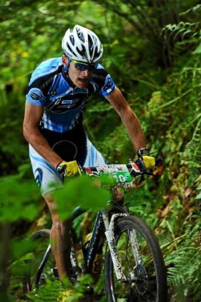 Under 23 racer Andy Eyring races through the forest