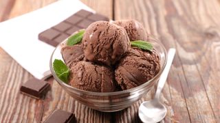 Bowl of chocolate ice cream on table