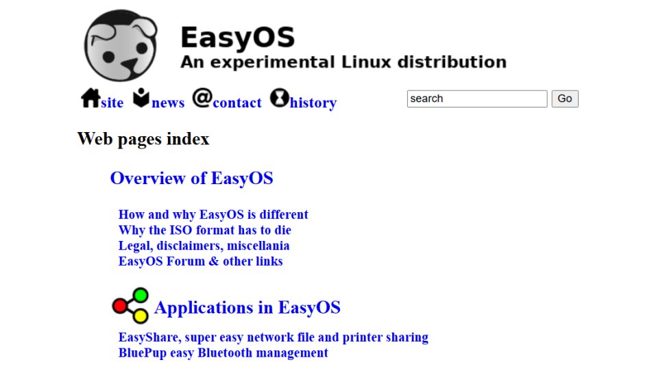 Website screenshot of EasyOS (August, 2025)