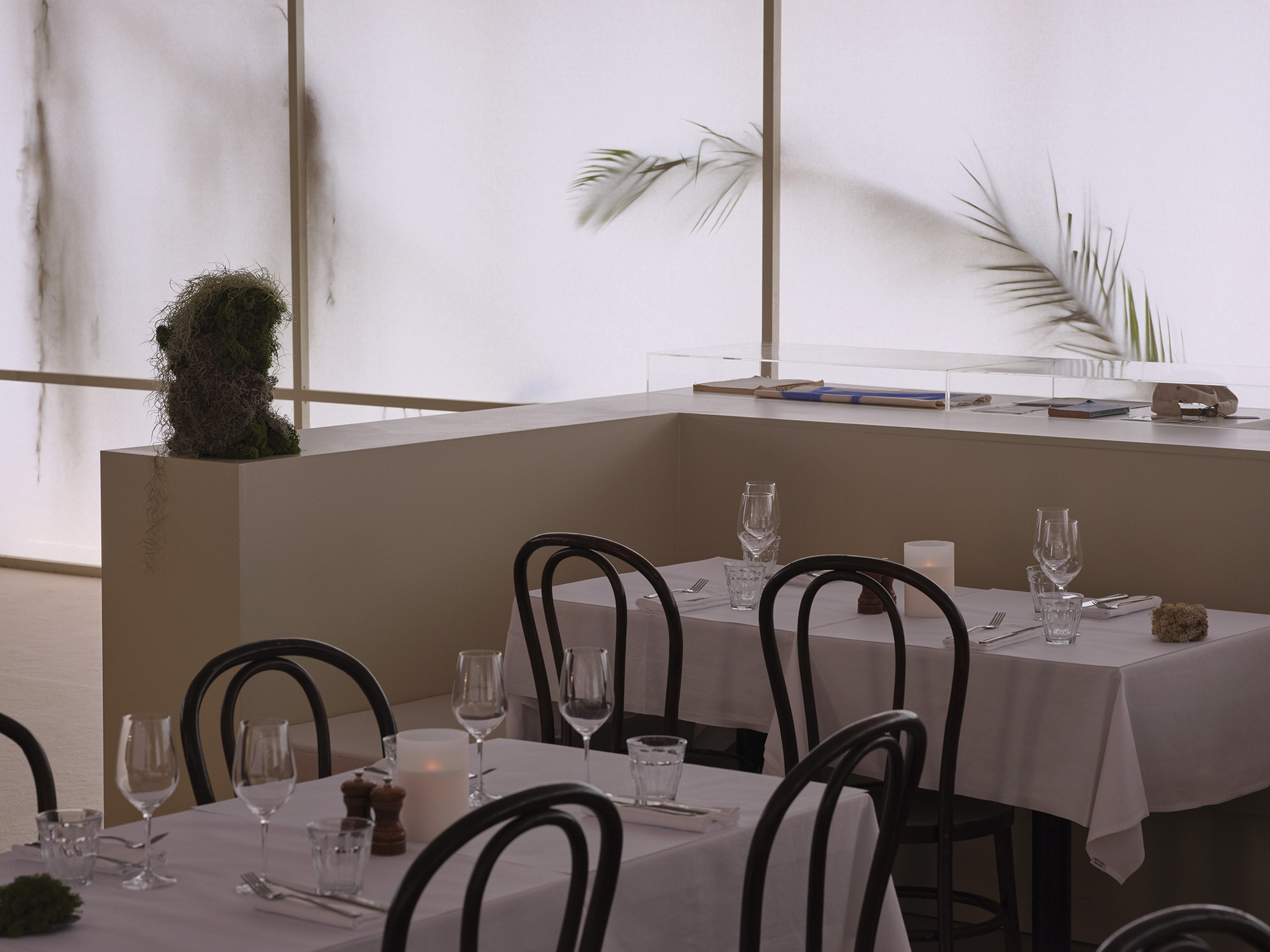 Frieze entrance pavilions London 2025 restaurant interior in moody dappled light
