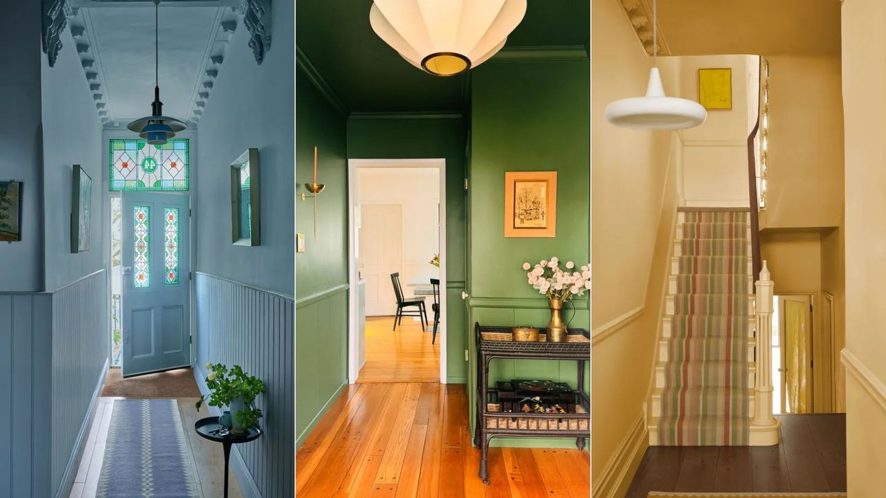 blue color-drenched entryway, green color-drenched entryway, yellow color-drenched entryway