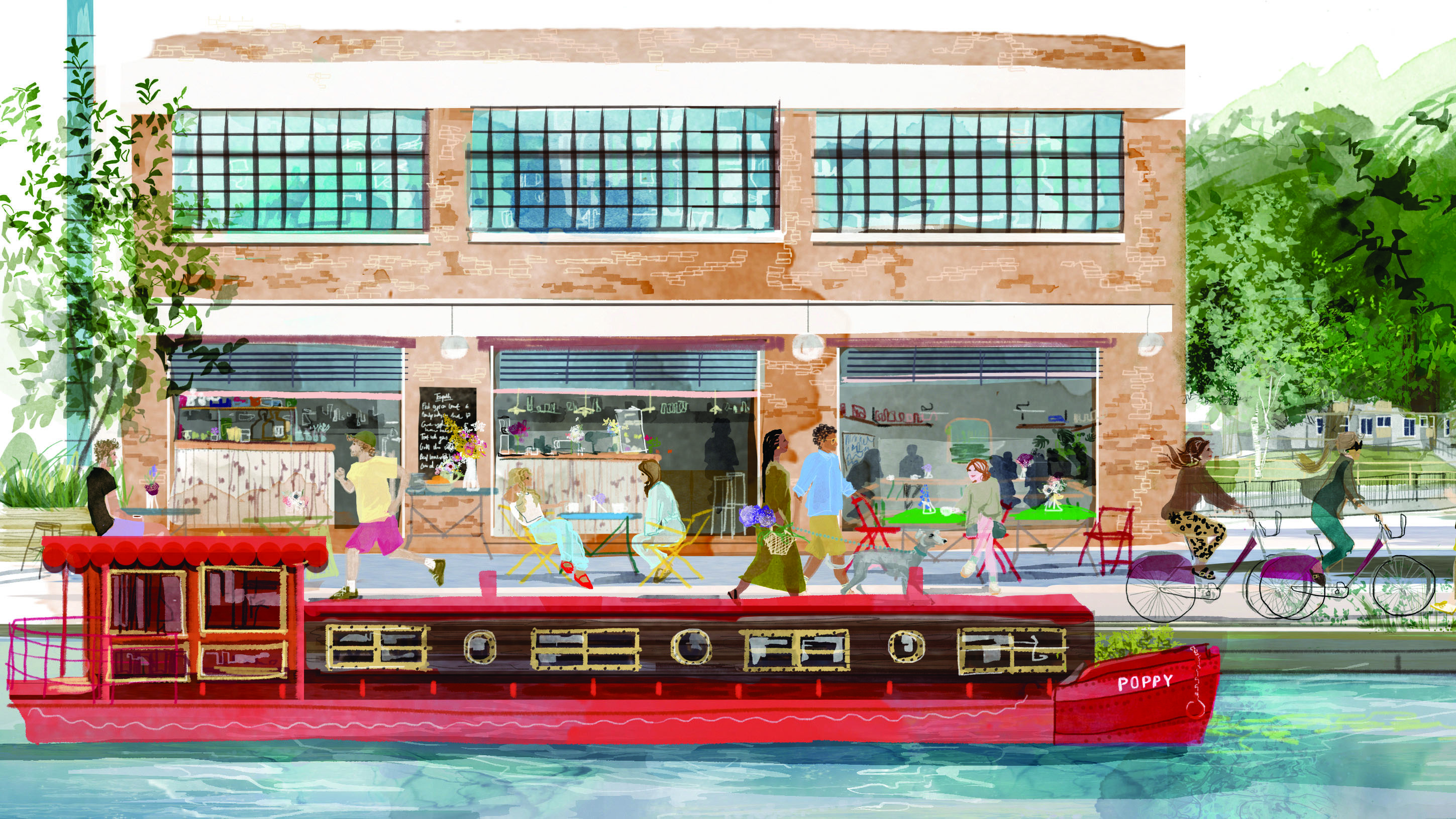 Illustrated drawing of a red canal boat, people walking and cycling along a towpath and a cafe