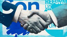 Illustration of two politicians shaking hands with the colours of Reform UK and the Conservatives
