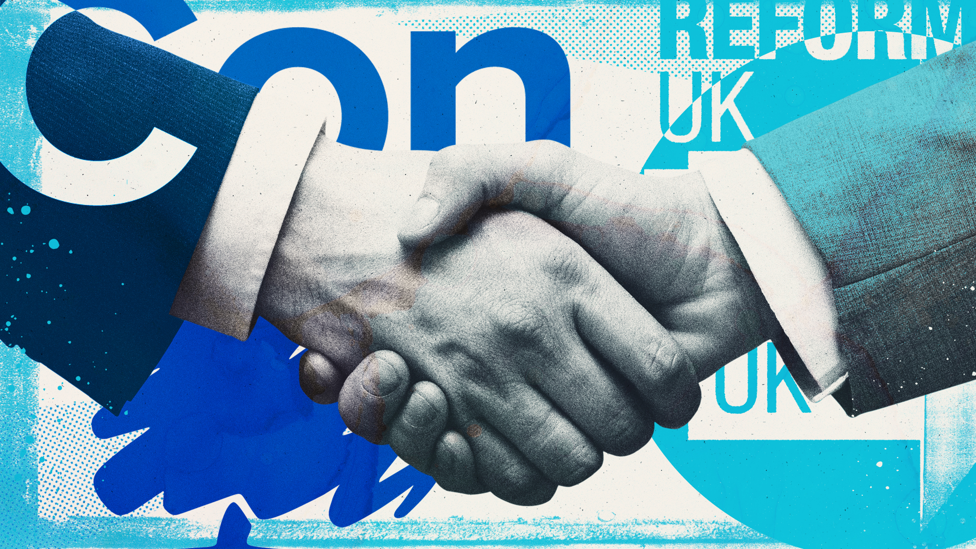 Illustration of two politicians shaking hands with the colours of Reform UK and the Conservatives