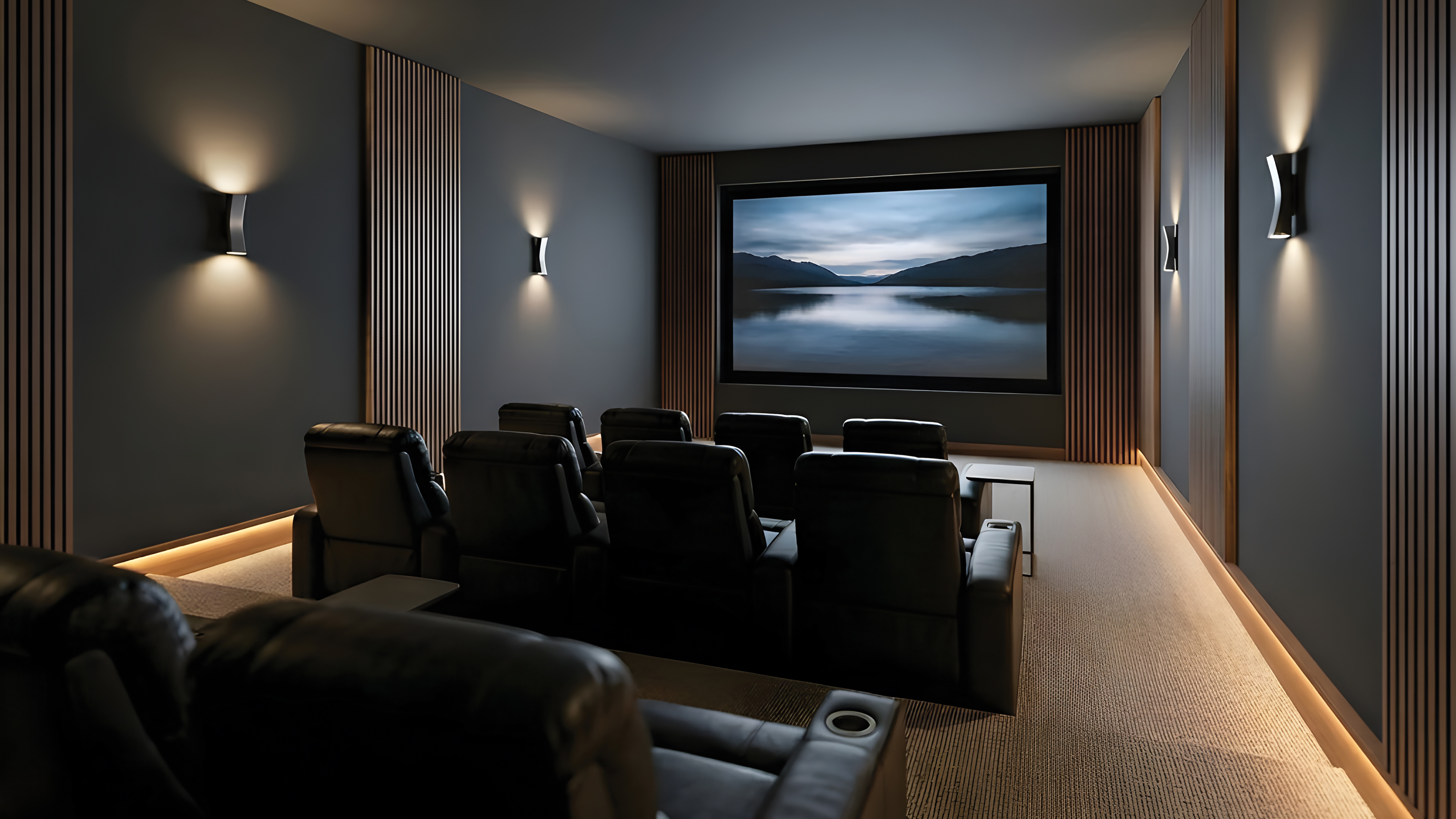 A home theater with rows of black leather seating and a projector screen at the front, but there are no visible speakers
