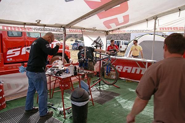 Rock Shox mechanics prepare bikes