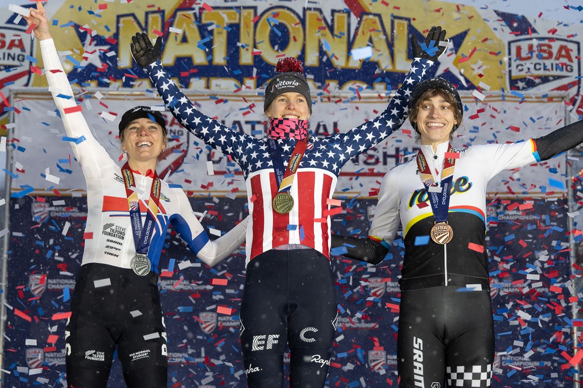 Women's Podium, Clara Honsinger (EF Education First - Tibco - SVB) 1st, Raylyn Nuss (Steve Tilford Foundation Racing 2nd, Austin Killips (nice bikes) 3rd