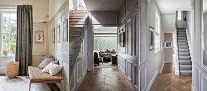 Modern hallway spaces with neutral palettes and wall paneling. Cream painted paneling with hanging photos, wooden bench with wooden flooring and beige rug. spacious hallway with glass stairs, large rectangular painted panels, wooden herringbone flooring. Gray painted hallway with white paneling, wooden herringbone flooring, gray carpeted stairs 